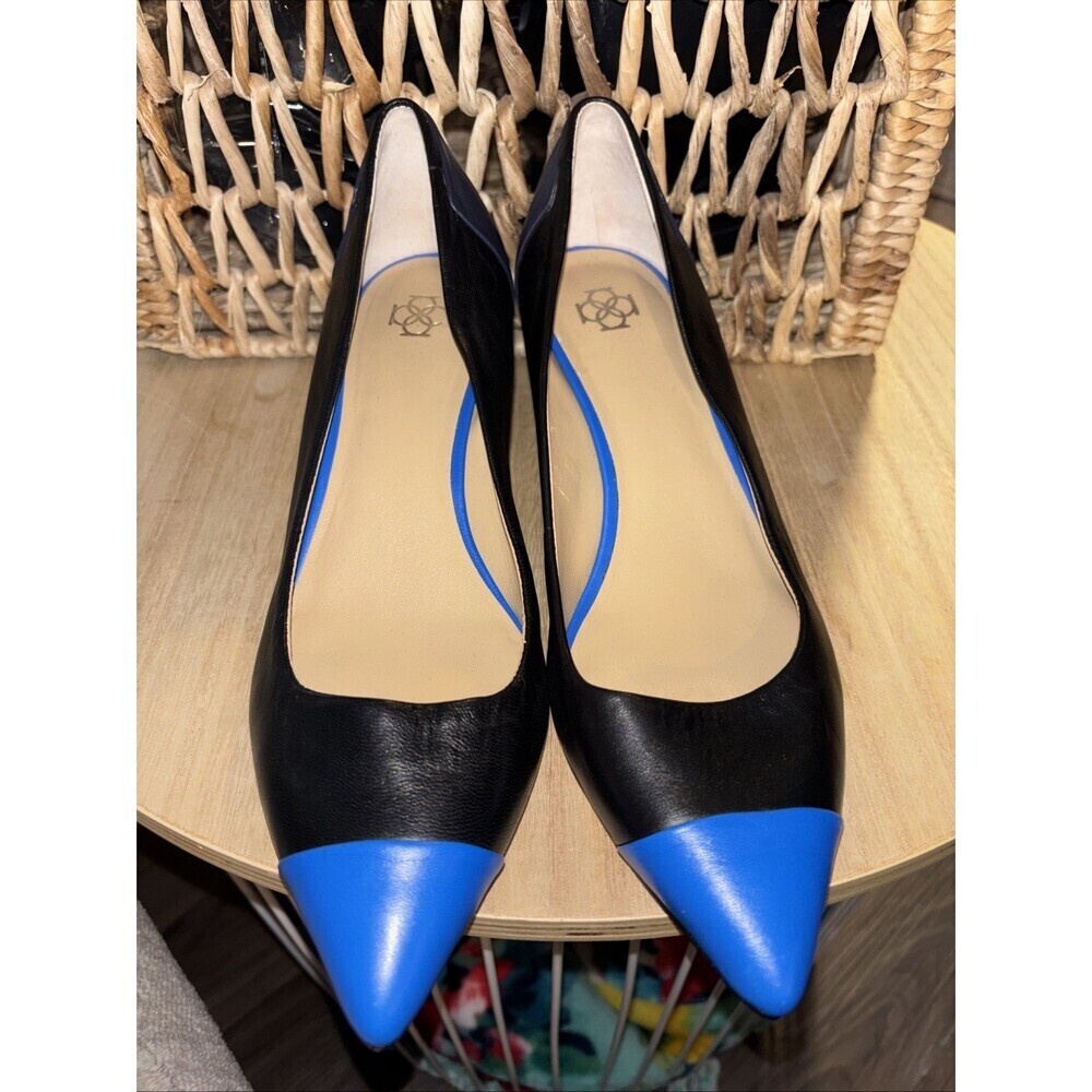 7 M Ann Taylor leather Pointed Toe Two Tone Blue Black Pump Heels - Picture 3 of 5